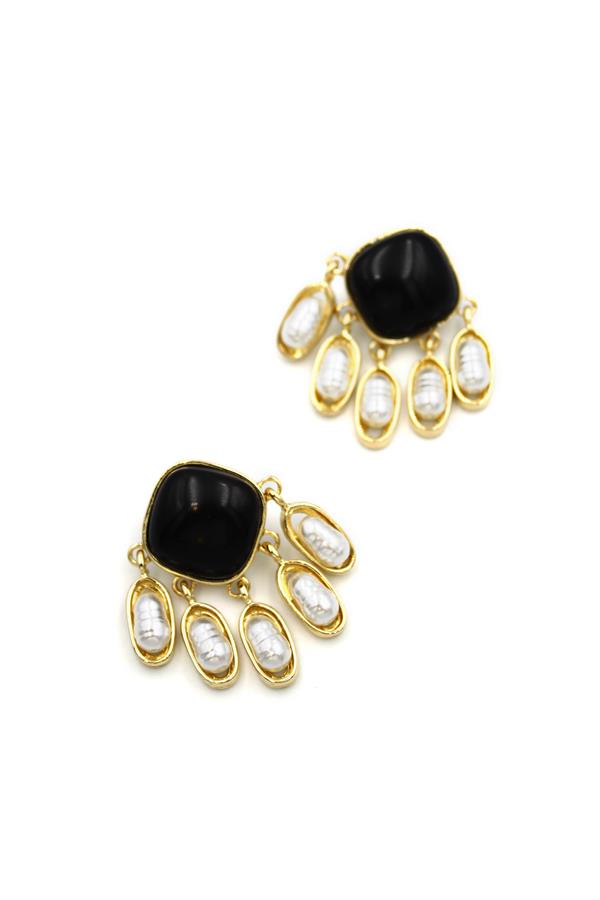 İnci Sallantılı Küpe - Siyah