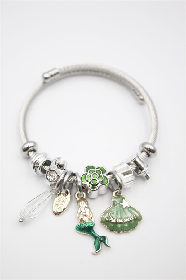 Çelik Charmlı Deniz Kızı Bileklik - Yeşil
