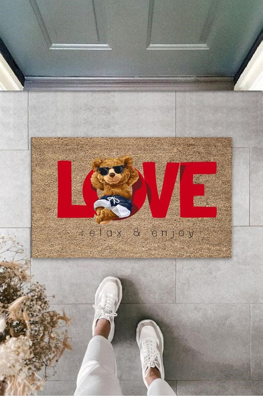 Dekoratif Dijital Love Ayıcık Bej Kapı Paspası Dış Mekan Paspas K-3178 - UcuzaGeliyor
