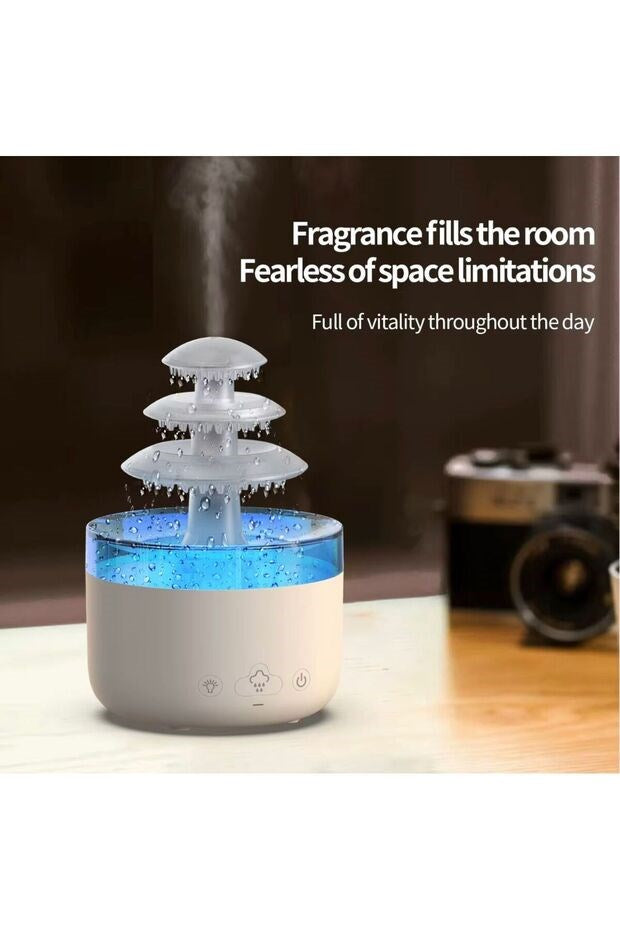3 Katlı Şelale YAĞMUR Tasarımlı Ultrasonik Aroma Difüzör - 6 Renk LED Işıklı Hava Nemlendirici