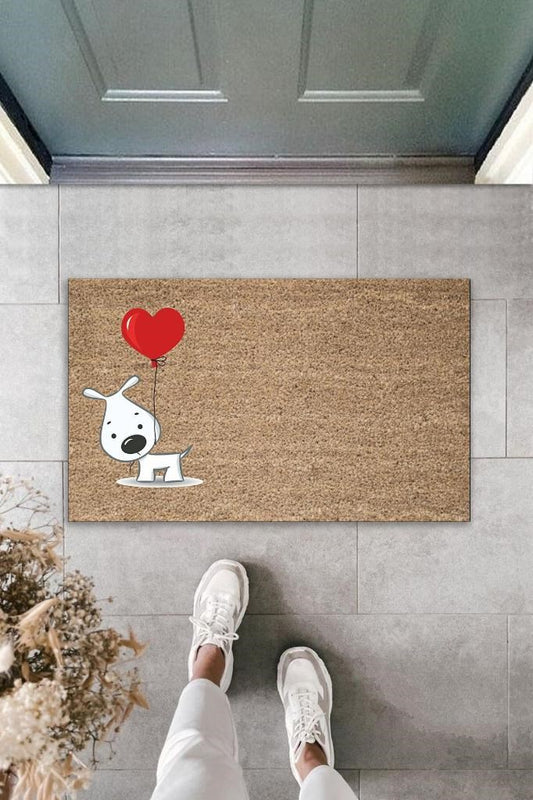 Dijital Baskı Kahverengi Kırmızı Balonlu Beyaz Köpek Dekoratif Kapı Paspası K-2014 - UcuzaGeliyor