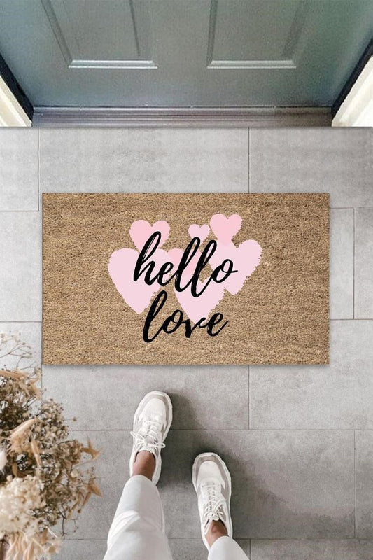 Pembe Kapı Önü Paspası Hello Love Desen  K-3291 - UcuzaGeliyor