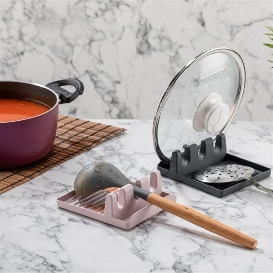 GENEL® Tencere Kapak Tutuculu Kaşıklıklı Tencere Kapak Standı Pratik Kaşık Kepçe Altlık Düzenleyici
