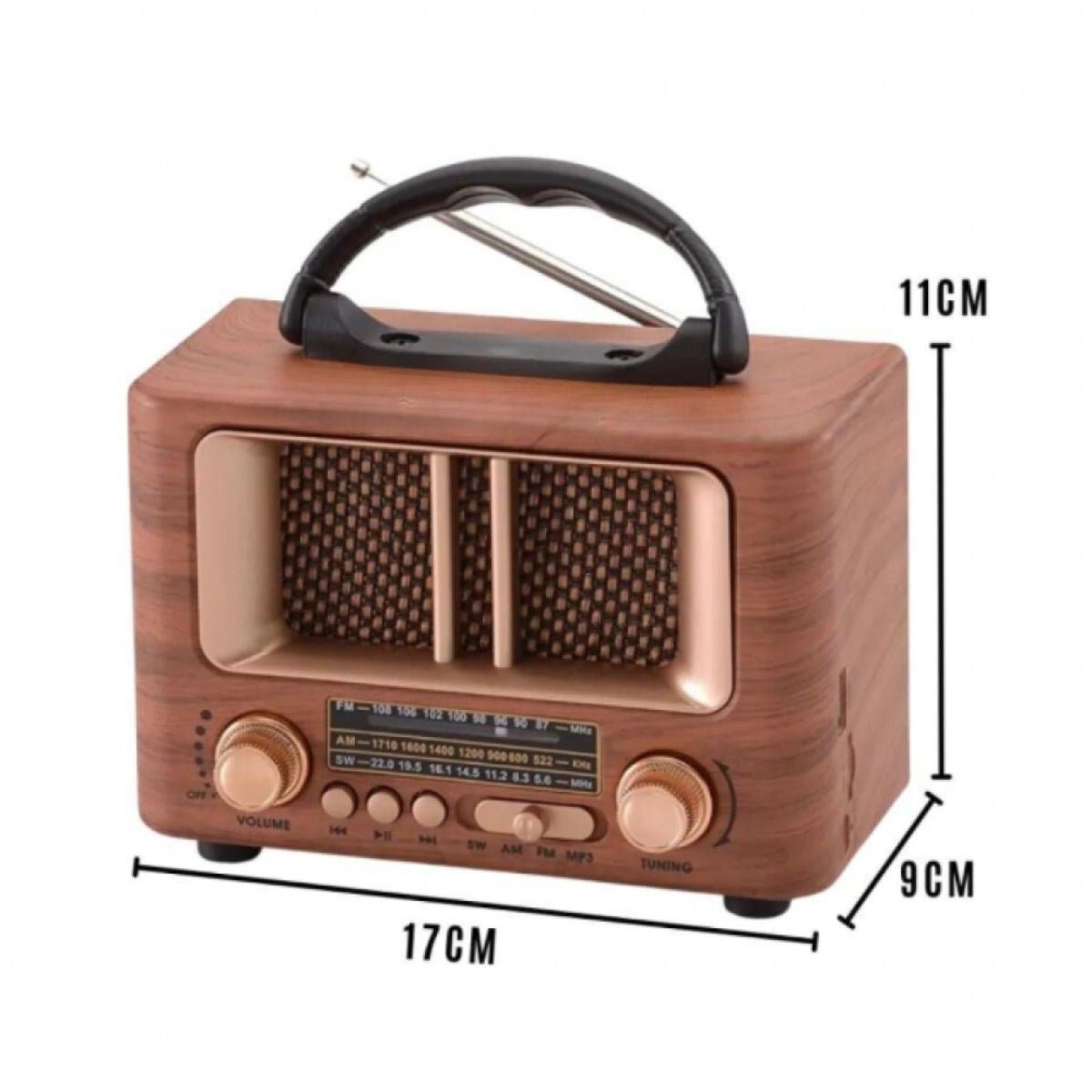 BUFFER® Küçük Mini Boy Retro Ahşap Tasarım Bluetooth Hoparlörlü Radyo - FM/AM Destekli, Şarjlı ve Taşınabilir Radyo NS-8108