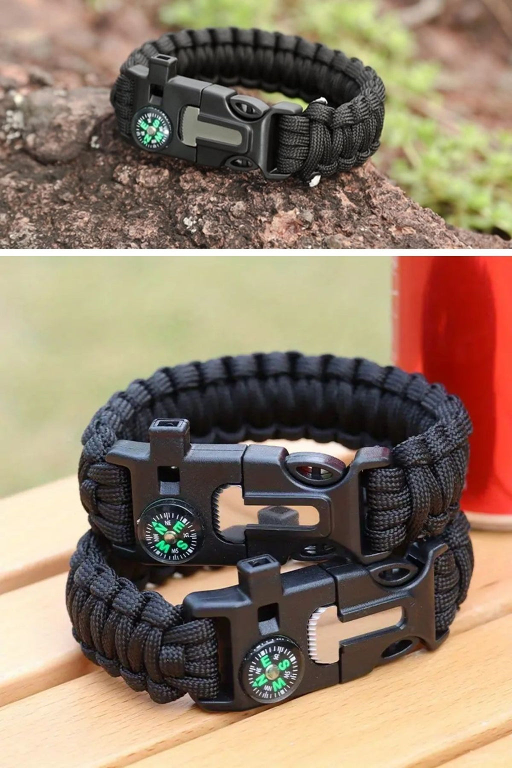 BUFFER® 5'i 1 Arada Çok Fonksiyonlu Hayatta Kalma Bilekliği Pusula, Düdük, Çakmak Taşı ve Şemsiye İpi Bileklik