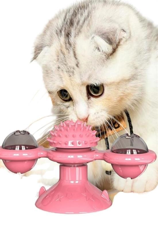 BUFFER® Pet Malzemeleri Vantuzlu Fırıldak Toplu Dönen Şeffaf Depo Tasarım İnteraktif Kedi Oyuncağı