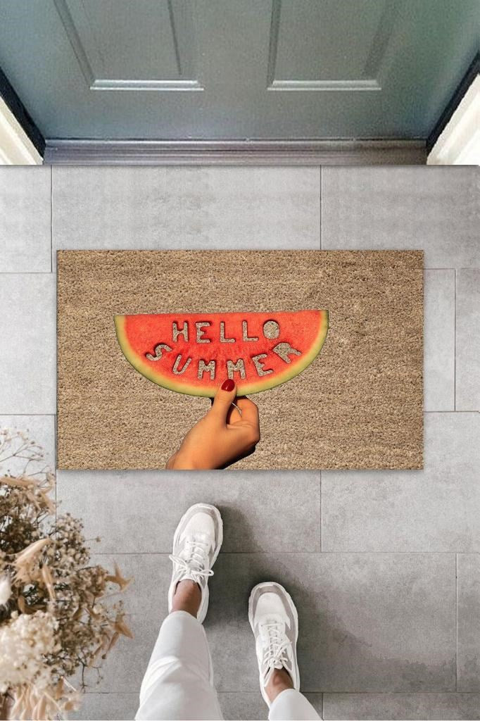 Bej Kapı Önü Paspası Hello Summer Dilim Karpuz Desen  K-3264 - UcuzaGeliyor