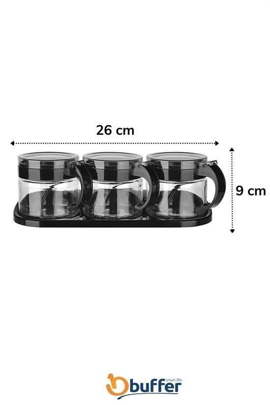 GENEL® Siyah 3lü Standlı Kapaklı Kaşıklı Cam Hava Sızdırmaz Baharatlık Takımı KC-386 - UcuzaGeliyor