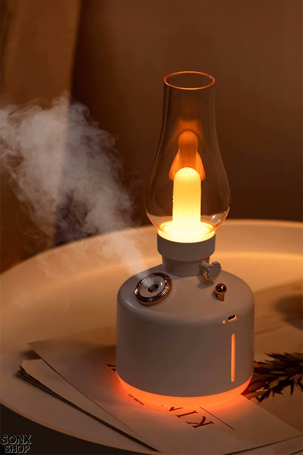 Vintage Alev Efektli Gece Lambalı Hava Nemlendirici - Ayarlanabilir Işık ve Buhar Gücü