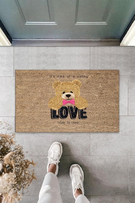 Bej Kapı Önü Paspası Love To Love Ayıcık Desen  K-3335 - UcuzaGeliyor