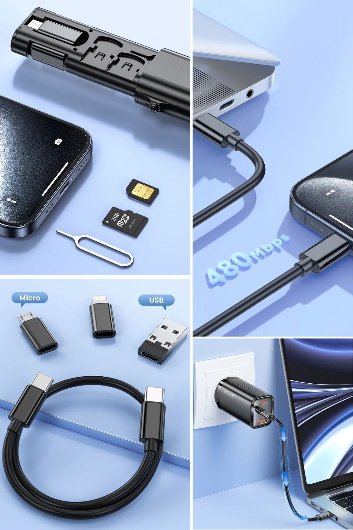 BUFFER® Cep Tipi 60W Bas Aç Type-C,İphone Şarj,Micro USB Hızlı Şarj Data Kablo Seti