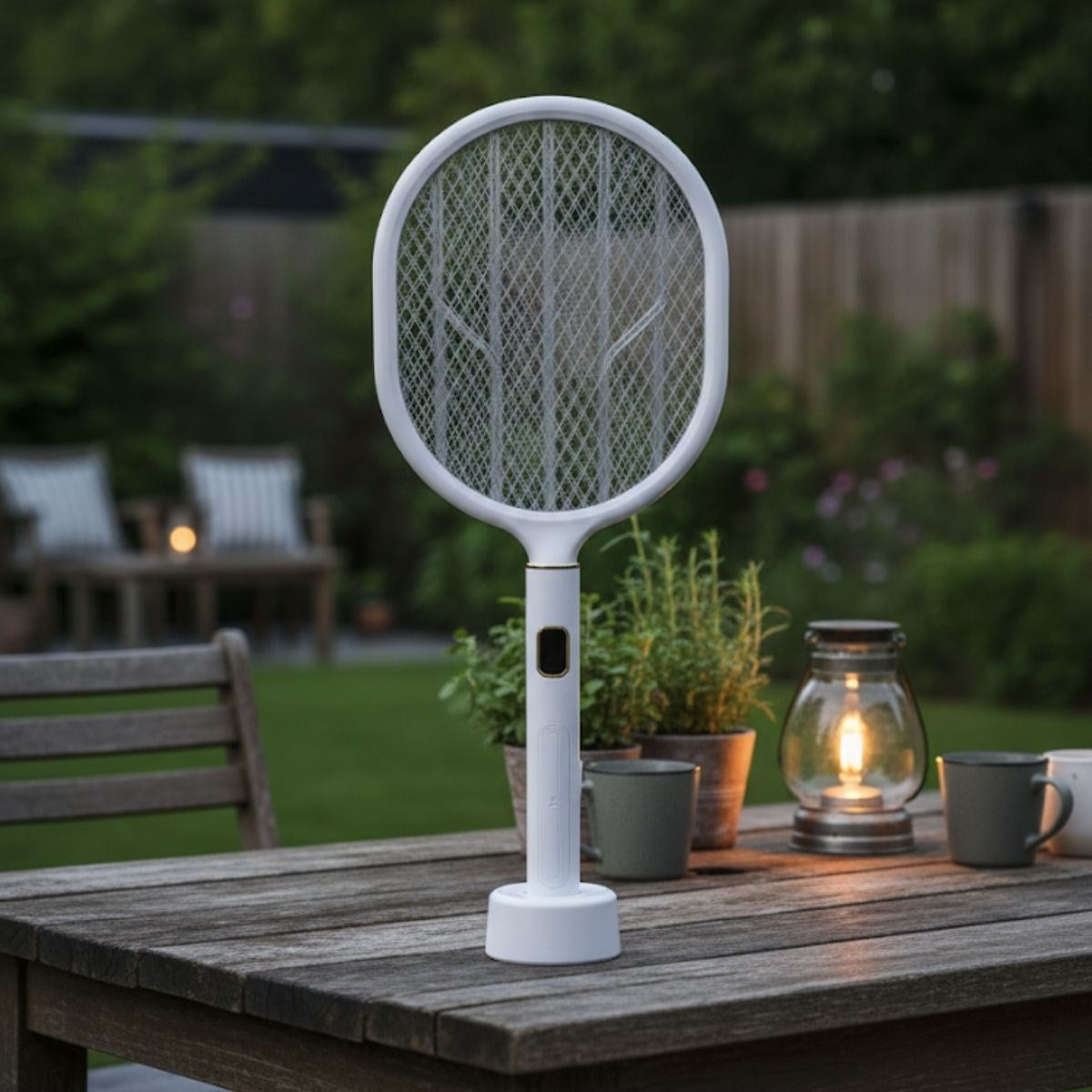 GENEL® USB Şarjlı Beyaz Renk Kendiliğinden Standlı Şarj Göstergeli UV Işıklı Sinek Öldürme Raketi LTD-718