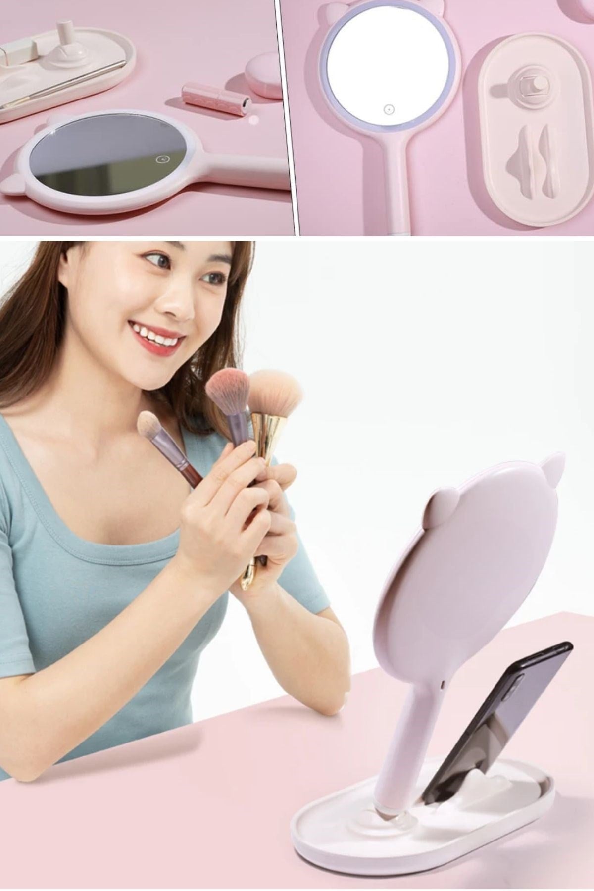 BUFFER® Kedi Kulaklı Telefon Standlı Yuvarlak Dokunmatik Led Ayarlı Masa Üstü Makyaj Aynası