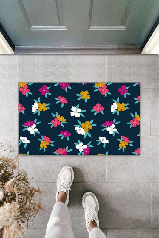 Koyu Pembe Kapı Önü Paspası Çiçekler Desen  K-3251 - UcuzaGeliyor