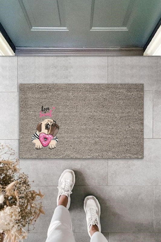 Dijital Baskı Gri Love Sweet Pembe Şekerlemeli Bulldog Köpek Dekoratif Kapı Paspası K-2077 - UcuzaGeliyor
