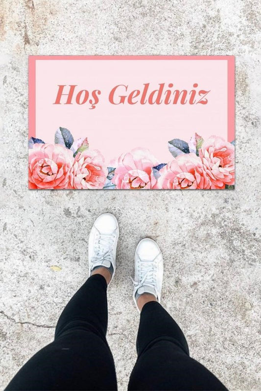 Dijital Baskı Pembe Gül Desen Kapı Önü Paspası K-1011 - UcuzaGeliyor
