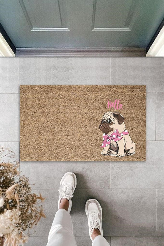 Dijital Baskı Kahverengi Hello Yazılı Pembe Fiyonklu Köpek Dekoratif Kapı Paspası K-2069 - UcuzaGeliyor