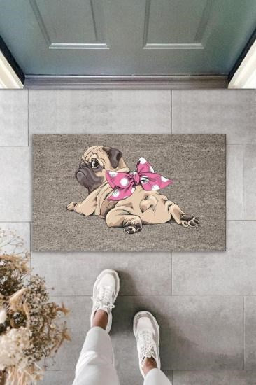 Dijital Baskı Gri Pembe Fiyonklu Yüzüstü Yatan Köpek Dekoratif Kapı Paspası K-2037 - UcuzaGeliyor