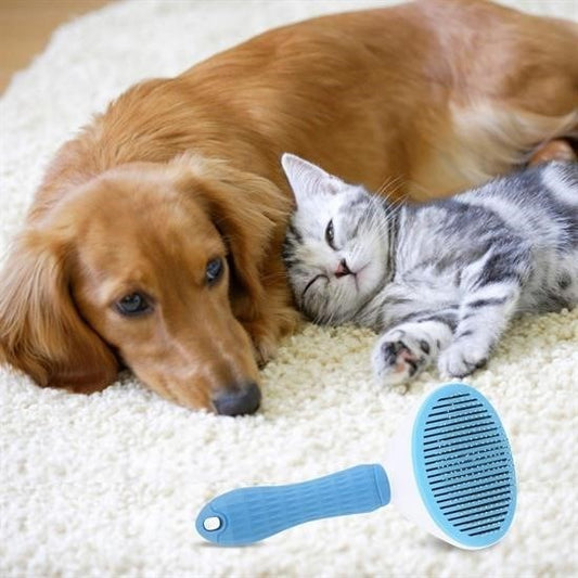 BUFFER® Kedi Köpek Tüy Toplayıcı Kendini Temizleyebilen Ergonomik Saplı Evcil Hayvan Tarağı Mavi - UcuzaGeliyor