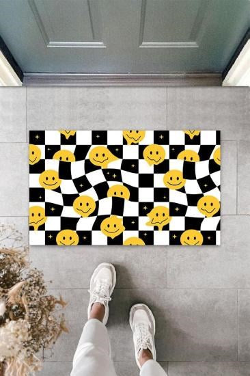 Dekoratif Dijital Gülen Emojiler Sarı-Siyah Kapı Paspası Dış Mekan Paspas K-3128 - UcuzaGeliyor