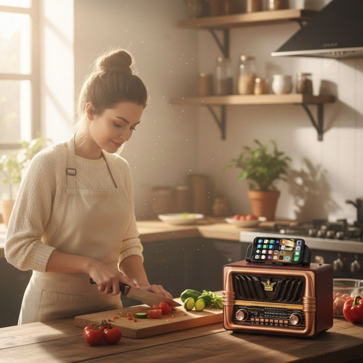 BUFFER® Büyük Boy Telefon Tutma Saplı Retro Ahşap Tasarım Bluetooth Hoparlörlü Radyo - FM/AM Destekli, Şarjlı ve Taşınabilir Radyo NS-8077