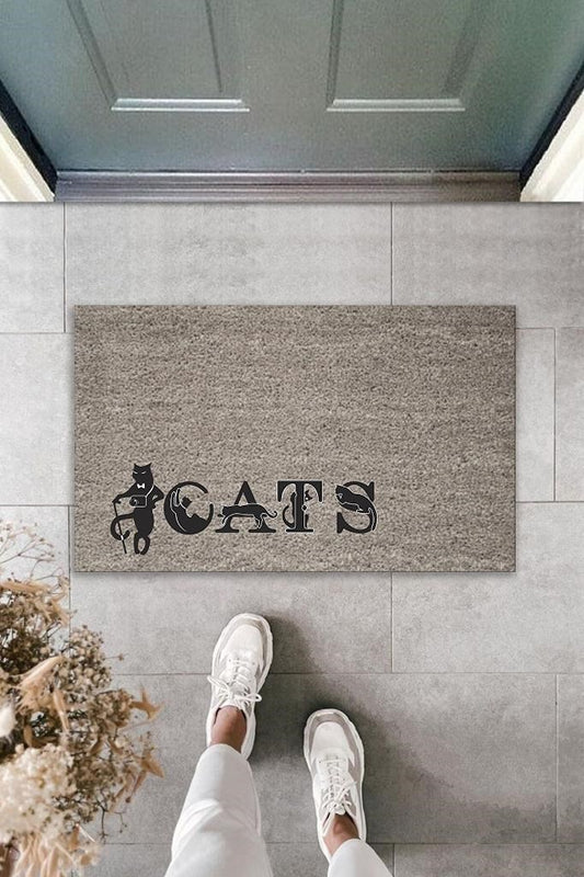Dijital Baskı Gri Kedilerle Bezenmiş Cats Yazılı Dekoratif Kapı Paspası K-2029 - UcuzaGeliyor
