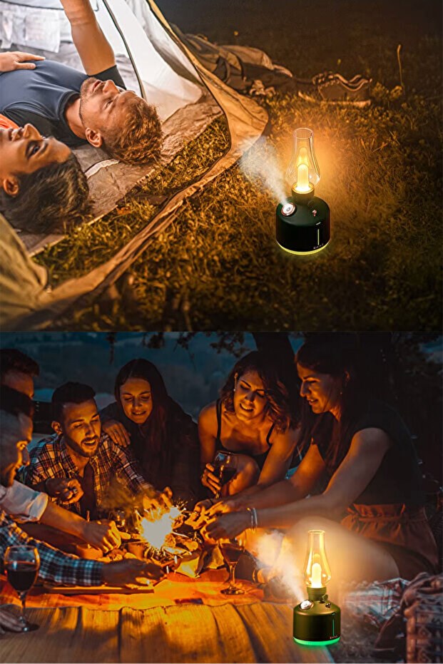 Vintage Alev Efektli Gece Lambalı Hava Nemlendirici - Ayarlanabilir Işık ve Buhar Gücü