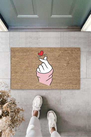 Kahverengi Kapı Önü Paspası Parmak Kalp Figürü Desen  K-3234 - UcuzaGeliyor