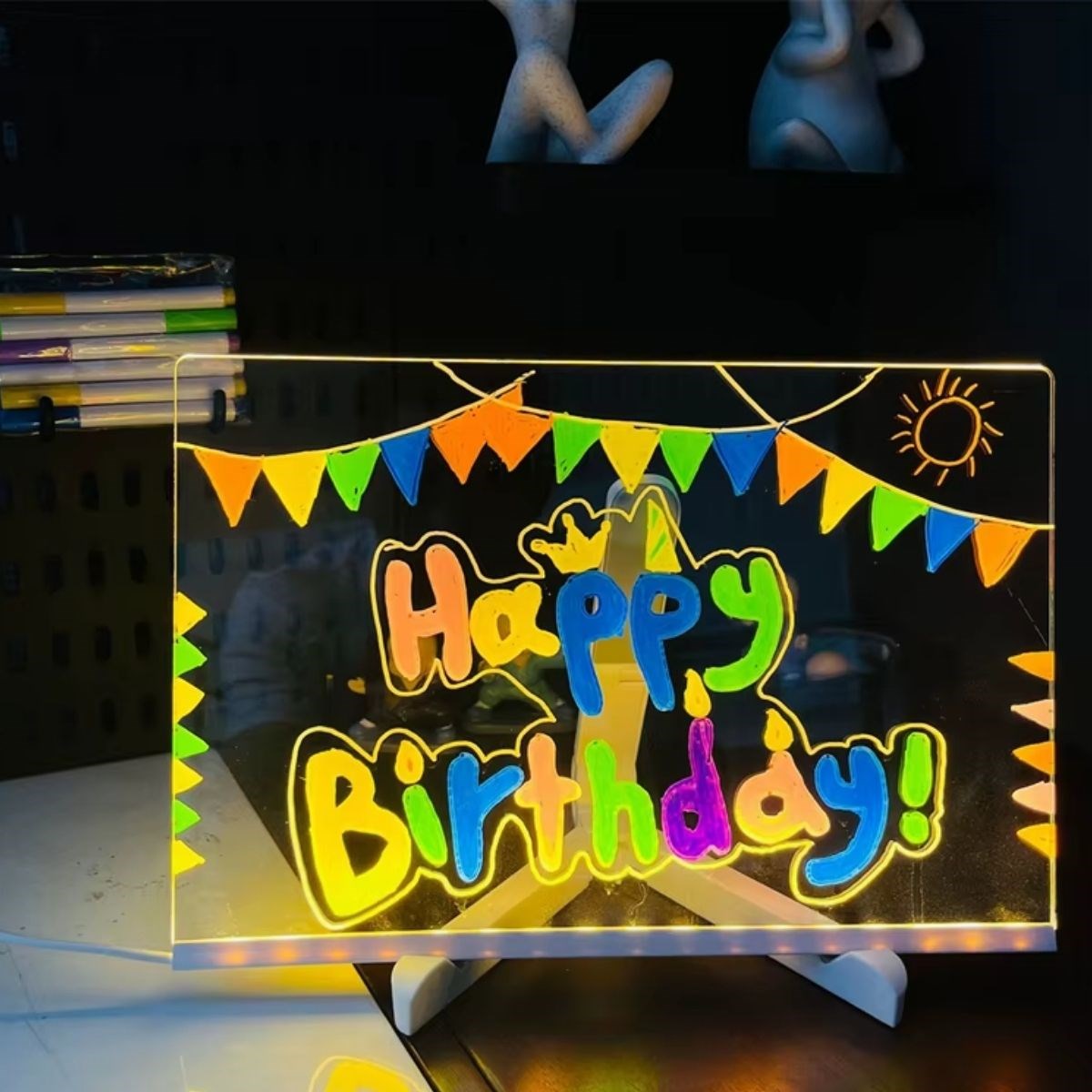 BUFFER® LED Işıklı Kendiliğinden Renkli Fosforlu Kalemli Dikdörtgen Yazı Panosu 20x30 cm