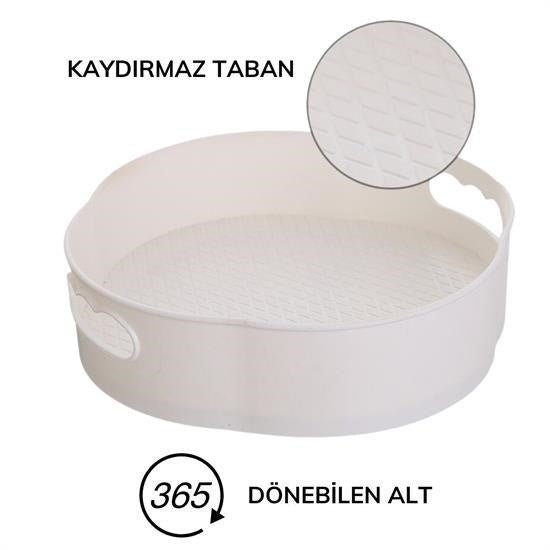 GENEL® 360 Derece Dönebilen Mekanizmalı Yuvarlak Tepsi Formlu Sunum ve Servis Organizer Tablası