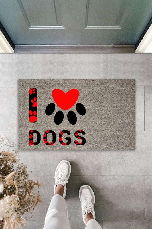 Dijital Baskı Gri Kırmızı Kalpli Patili I Love Dogs Dekoratif Kapı Paspası K-2076 - UcuzaGeliyor