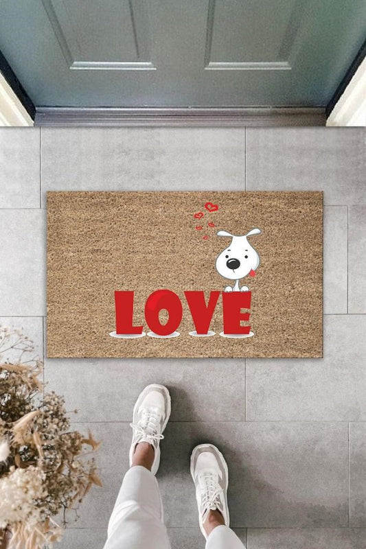 Dijital Baskı Kahverengi Kırmızı Love Yazılı Beyaz Köpek Dekoratif Kapı Paspası K-2013 - UcuzaGeliyor