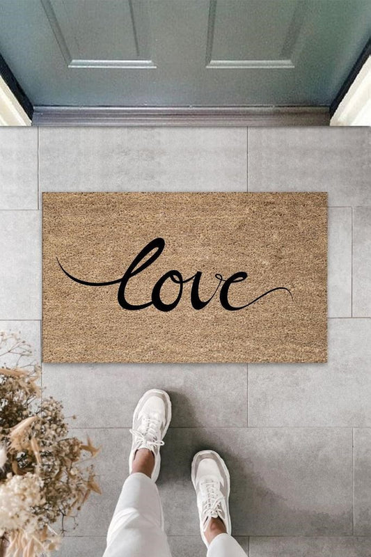 Bej Kapı Önü Paspası Büyük Yazılı Love Desen  K-3316 - UcuzaGeliyor