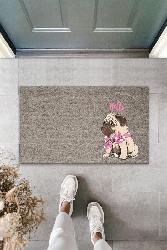 Dijital Baskı Gri Hello Yazılı Pembe Fiyonklu Köpek Dekoratif Kapı Paspası K-2070 - UcuzaGeliyor