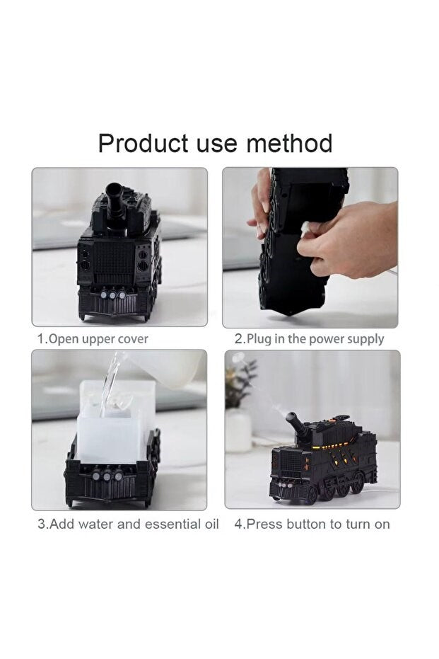 sonx Buhar Efektli Zırhlı Tren Tasarımlı Aromaterapi Hava Nemlendirici - LED Işıklı, Sessiz ve USB Şarjlı