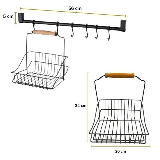 GENEL® Retro Ferforje Askılı Siyah  Ahşap Kulplu Düzenleyici Mutfak Sepeti