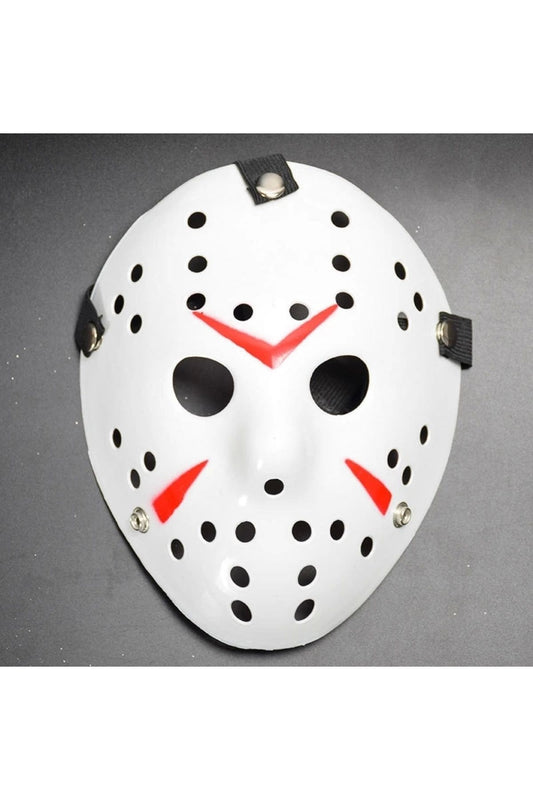 Beyaz Renk Kırmızı Çizgili Tam Yüz Hokey Jason Maskesi Hannibal Maskesi
