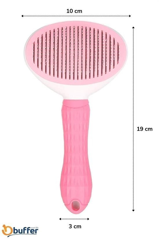 BUFFER® Kedi Köpek Tüy Toplayıcı Kendini Temizleyebilen Ergonomik Saplı Evcil Hayvan Tarağı Pembe