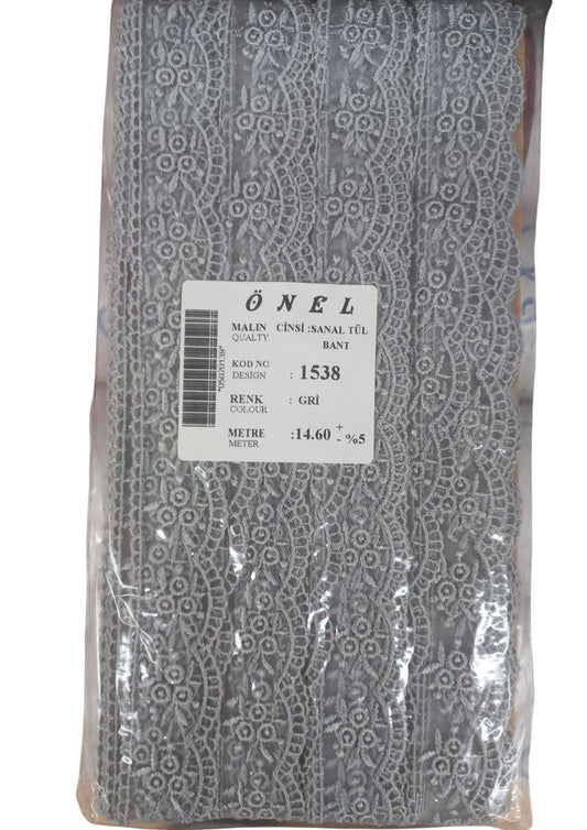 Dantel Polyester Sanal Tül Bant Gri 14,60 Metre En 3 cm ON-1538-G - UcuzaGeliyor