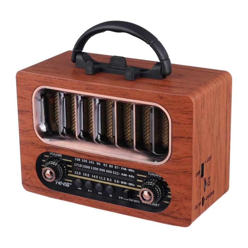 BUFFER® Orta Boy Retro Ahşap Tasarım Bluetooth Hoparlörlü Radyo - FM/AM Destekli, Şarjlı ve Taşınabiliri Radyo NS-6636