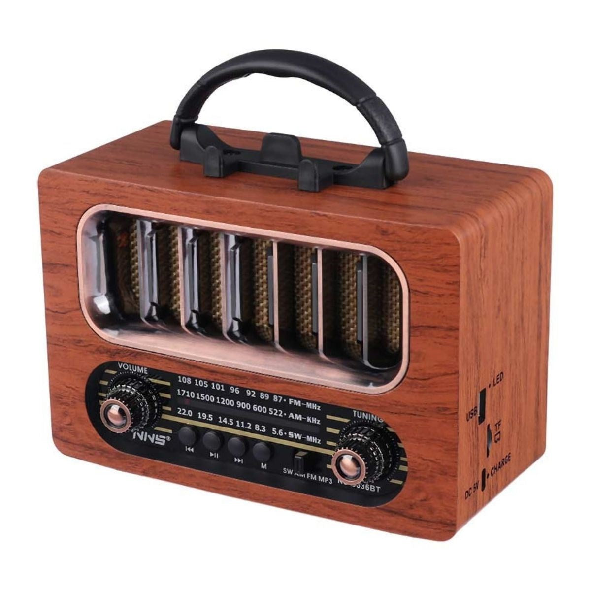BUFFER® Orta Boy Retro Ahşap Tasarım Bluetooth Hoparlörlü Radyo - FM/AM Destekli, Şarjlı ve Taşınabiliri Radyo NS-6636
