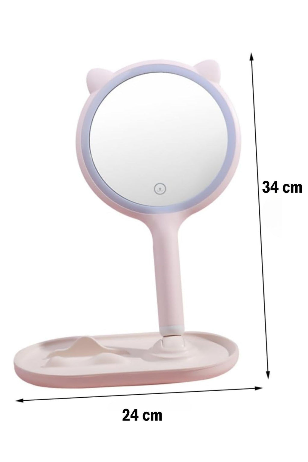 BUFFER® Kedi Kulaklı Telefon Standlı Yuvarlak Dokunmatik Led Ayarlı Masa Üstü Makyaj Aynası