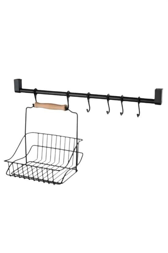 GENEL® Retro Ferforje Askılı Siyah  Ahşap Kulplu Düzenleyici Mutfak Sepeti