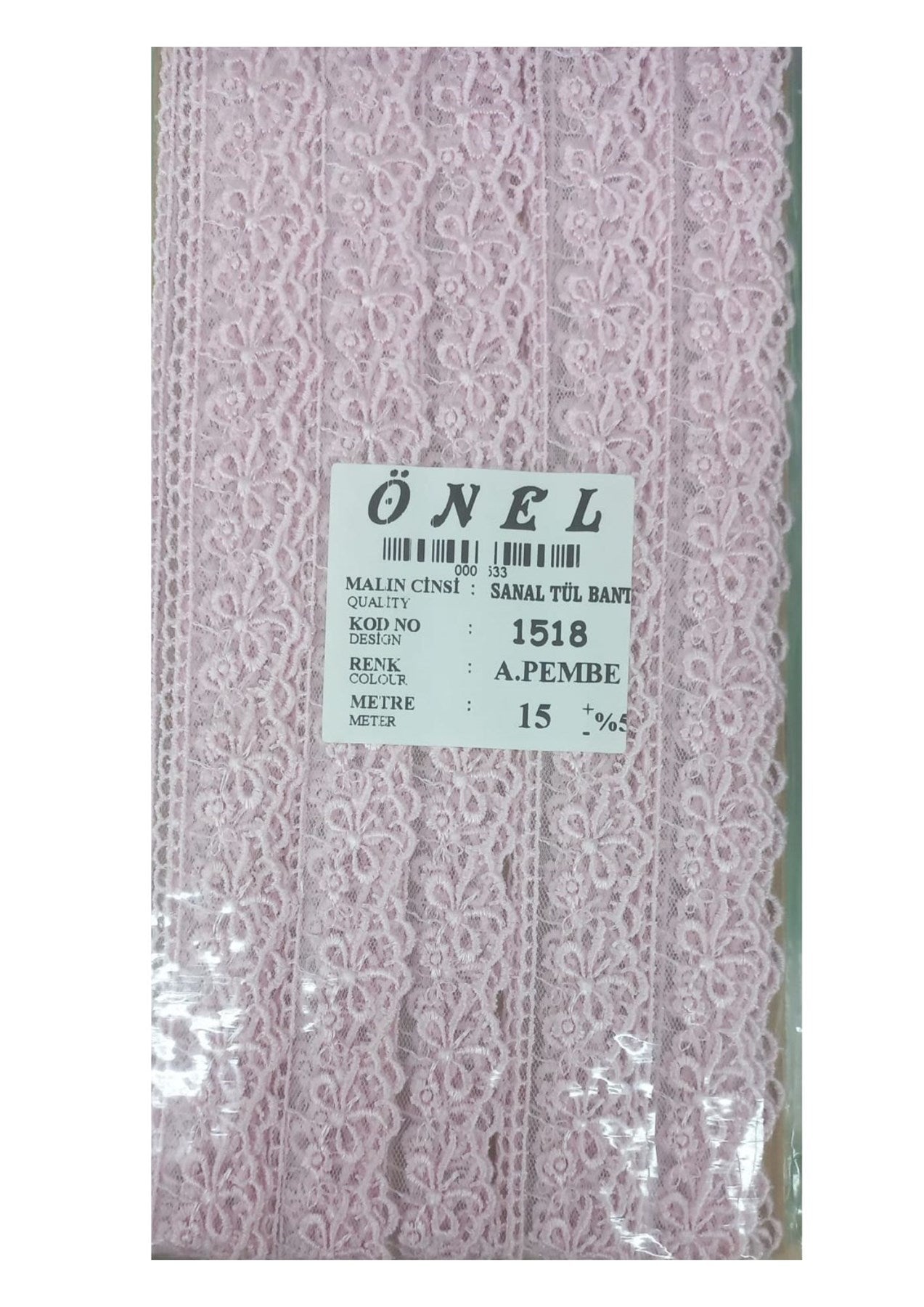 Dantel Polyester Sanal Tül Bant Açık Pembe 15 Metre En 3 cm ON-1518-AP