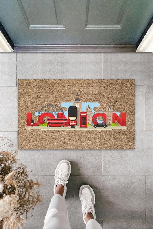 Dijital Baskı Kahverengi London Yazılı Asker Paspas K-3151 - UcuzaGeliyor