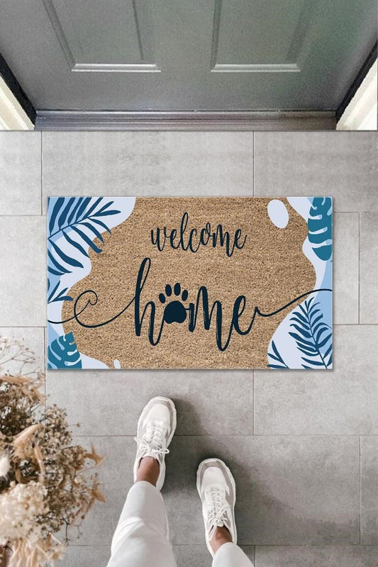 Dijital Baskı Kahverengi Mavi Yapraklı Welcome Home Dekoratif Kapı Paspası K-2007 - UcuzaGeliyor