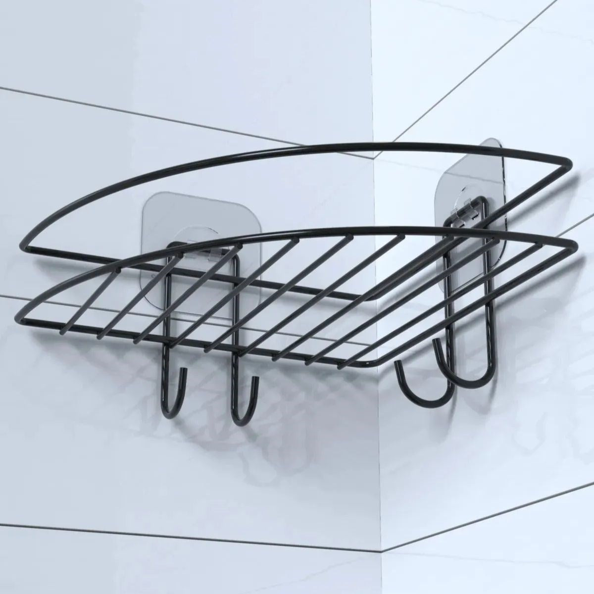 BUFFER® Yapışkanlı Banyo Köşeliği Kancalı Köşe Rafı Duş Şampuanlık Duvar Düzenleyici Organizer Raf - UcuzaGeliyor