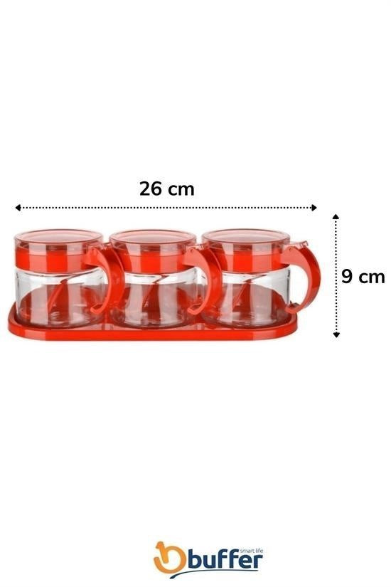 GENEL®  Kırmızı 3lü Standlı Kapaklı Kaşıklı Cam Hava Sızdırmaz Baharatlık Takımı  KC-386