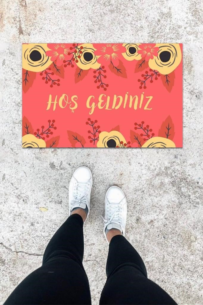Dijital Baskı Gül Kurusu Çiçek Desen Kapı Önü Paspası K-1001 - UcuzaGeliyor