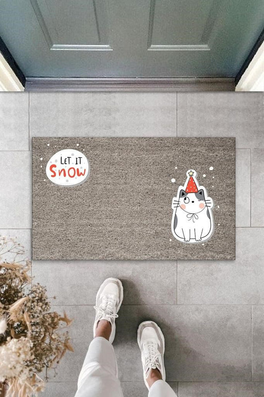Dijital Baskı Gri Let It Snow Kukuletalı Kedi Dekoratif Kapı Paspası K-2058 - UcuzaGeliyor